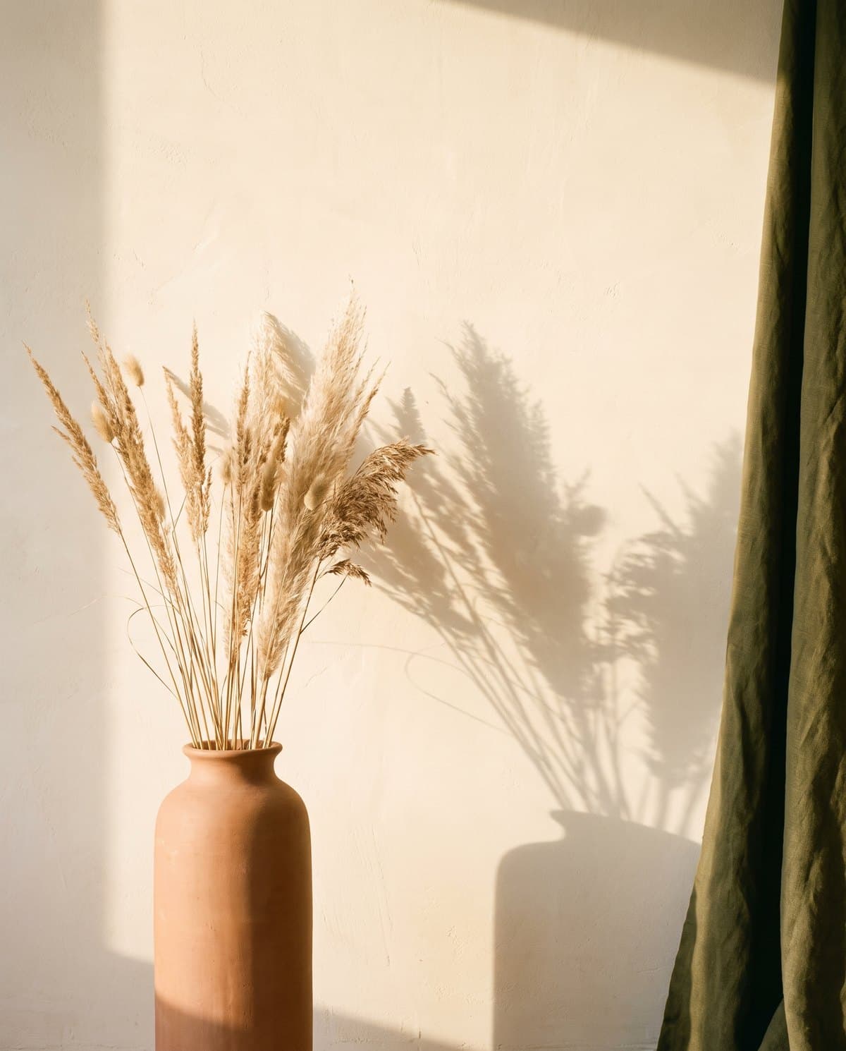 Dried grasses in a terracotta vessel against a warm plaster wall in late light.